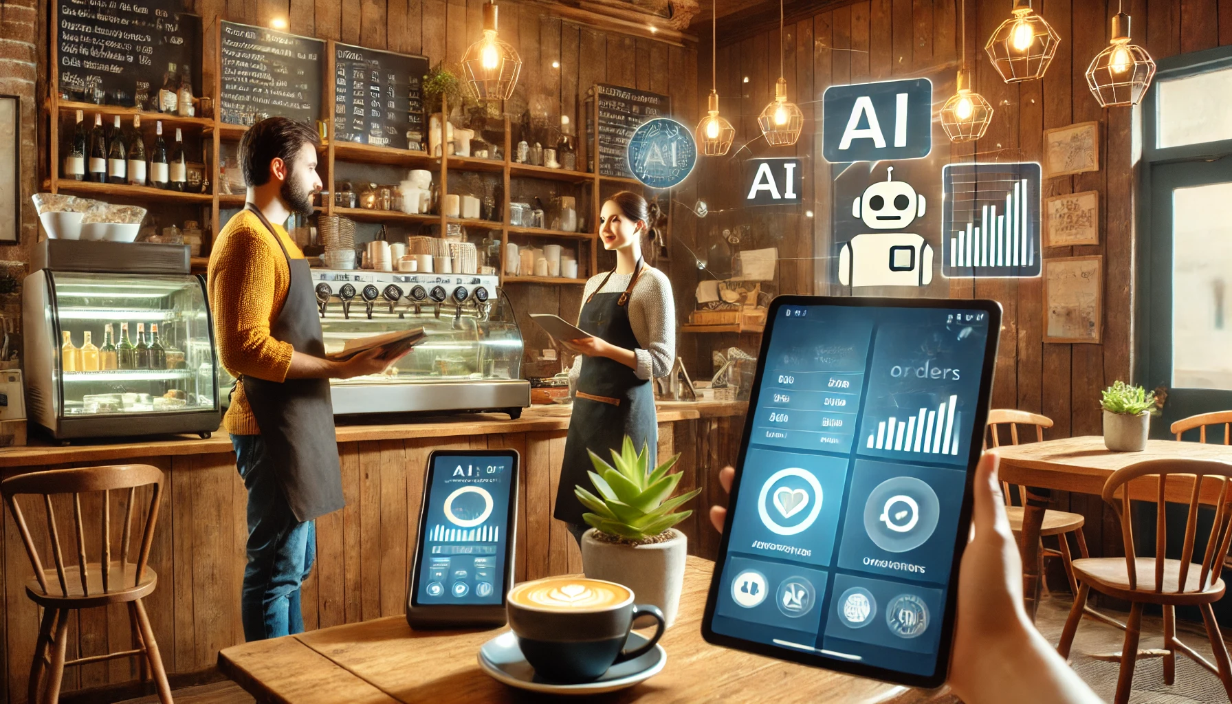 DALL·E 2025-02-17 16.10.09 – A cozy small bistro using AI technology. A café owner interacts with a digital assistant on a tablet, while an AI-powered chatbot takes online orders